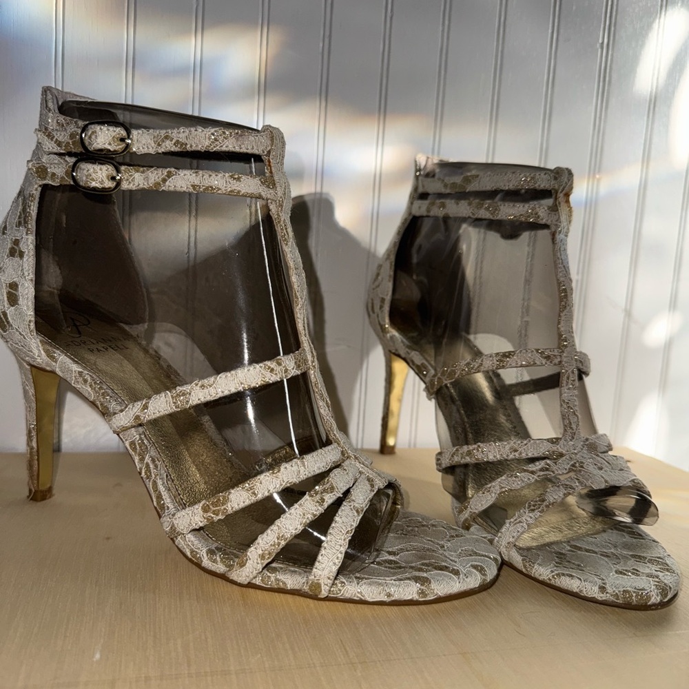 Adrianna Papell Ivory and Gold Strappy Heels